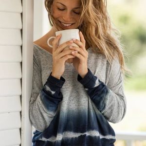 Roxy Sweatshirt Sm Staying True Sweatshirt Gray Blue Stretchy Dip-Dyed